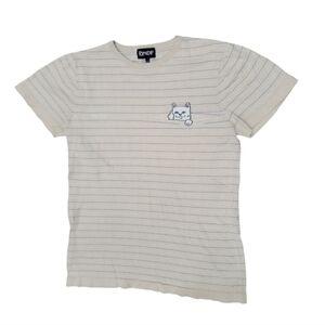 RipNDip Men's Beige Striped Tee with Cat Design - Size Small